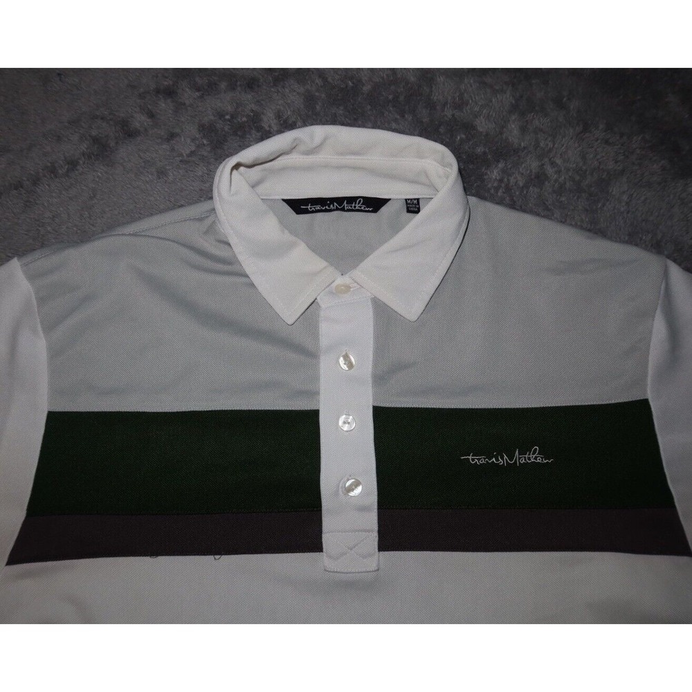 Travis Mathew White Golf Polo Men's SZ Medium Green & Grey Striped Casual Shirt
